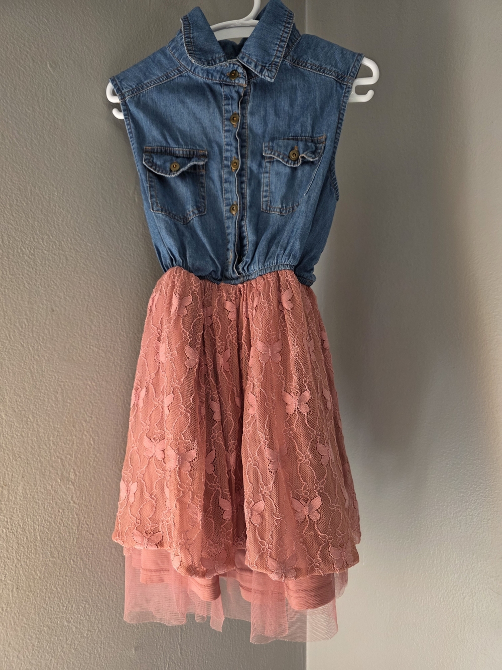 Beautees Denim Bodice Pink Lace Skirt Casual Dress